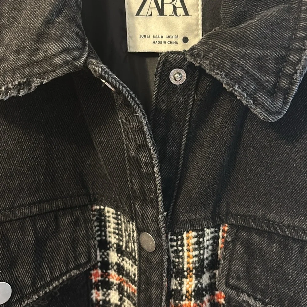 Zara Black and Plaid Jean Jacket